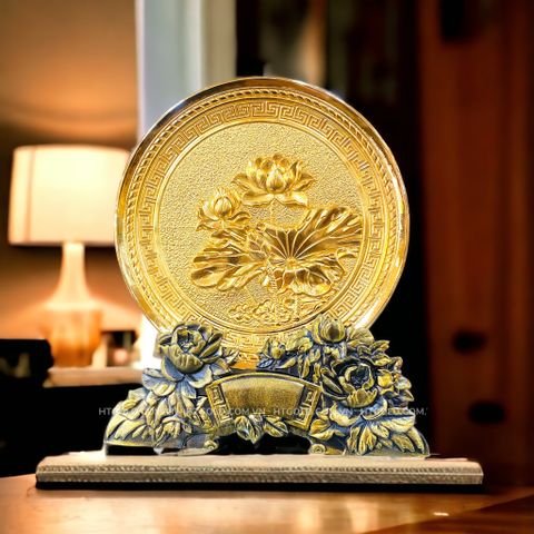 QUÀ TẶNG TRANH ĐĨA ĐỒNG HOA SEN, MẠ VÀNG 24K (đường kính 20cm)