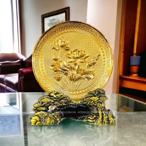 QUÀ TẶNG TRANH ĐĨA ĐỒNG HOA SEN, MẠ VÀNG 24K (đường kính 20cm)
