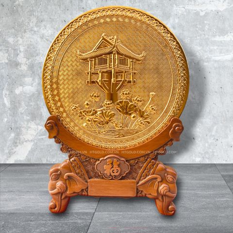 QUÀ TẶNG TRANH ĐỒNG CHÙA MỘT CỘT, MẠ VÀNG 24K (Đường kính 26cm; Cao 36cm)