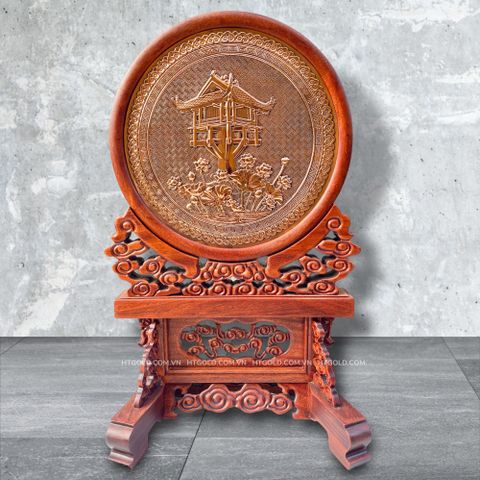 QUÀ TẶNG TRANH CHÙA MỘT CỘT, ĐỒNG ĐỎ + GIÁ ĐỂ BÀN GỖ CẨM (Cao 48cm; Ngang 30cm)