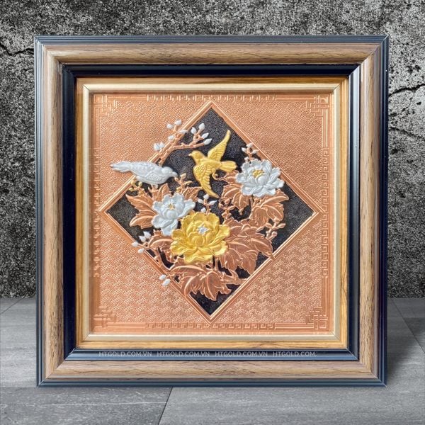 QUÀ TẶNG TRANH UYÊN ƯƠNG BẰNG ĐỒNG ĐỎ DÁT ĐIỂM VÀNG BẠC (KT 26cm x 26cm)