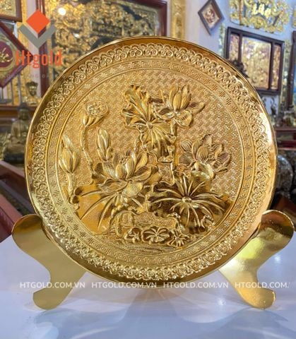 QUÀ TẶNG TRANH ĐĨA ĐỒNG HOA SEN, MẠ VÀNG 24K (Đường kính 21cm)