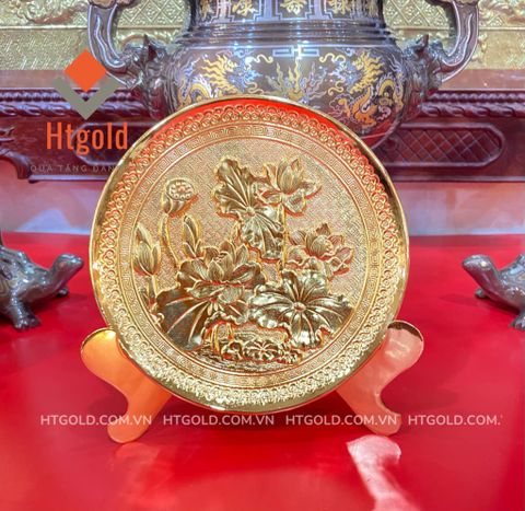 QUÀ TẶNG TRANH ĐĨA ĐỒNG HOA SEN, MẠ VÀNG 24K (Đường kính 21cm)