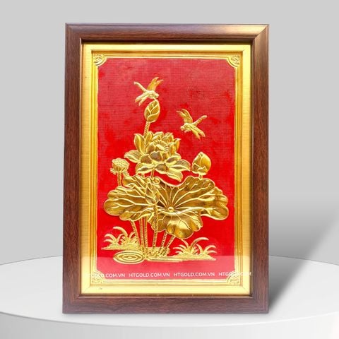 TRANH HOA SEN BẰNG ĐỒNG, DÁT VÀNG (Kích thước 24cm x 34cm)