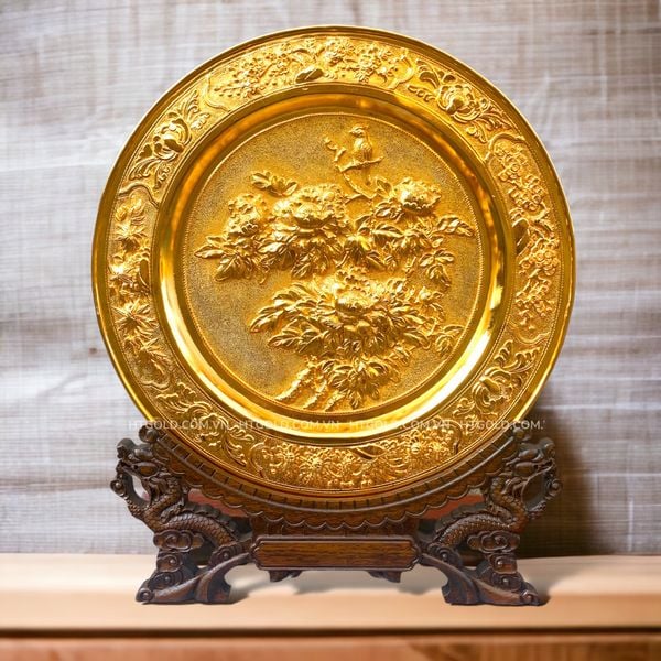 TRANH ĐĨA ĐỒNG - HOA MẪU ĐƠN, MẠ VÀNG 24K (ĐK 35cm; Cao 41cm)
