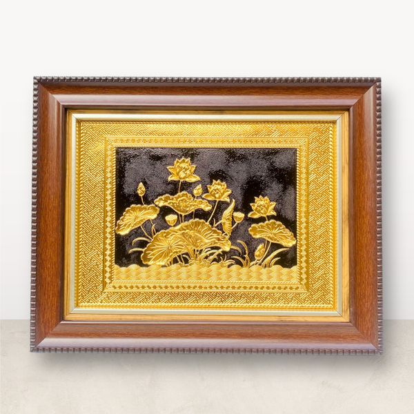 TRANH ĐỒNG HOA SEN, DÁT VÀNG (Kích thước 28cm x 34cm)
