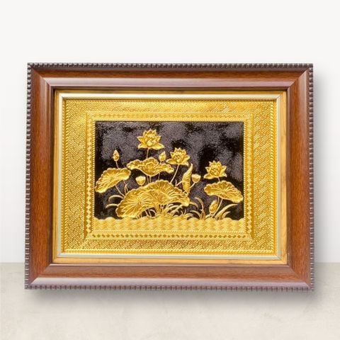 TRANH ĐỒNG HOA SEN, DÁT VÀNG (Kích thước 28cm x 34cm)