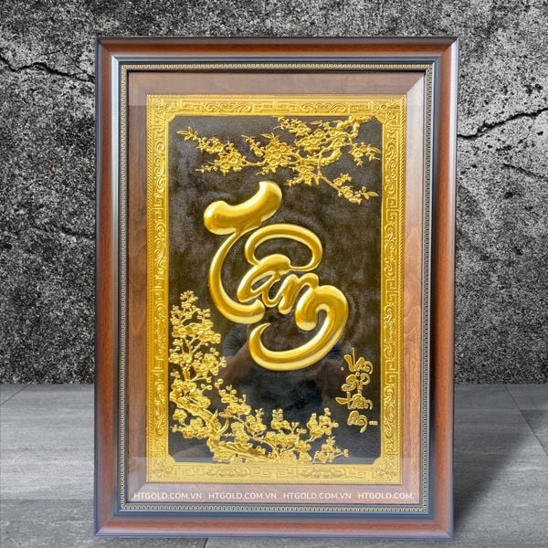 TRANH ĐỒNG CHỮ TÂM THƯ PHÁP, DÁT VÀNG  (Kích thước 50cm x 70cm)