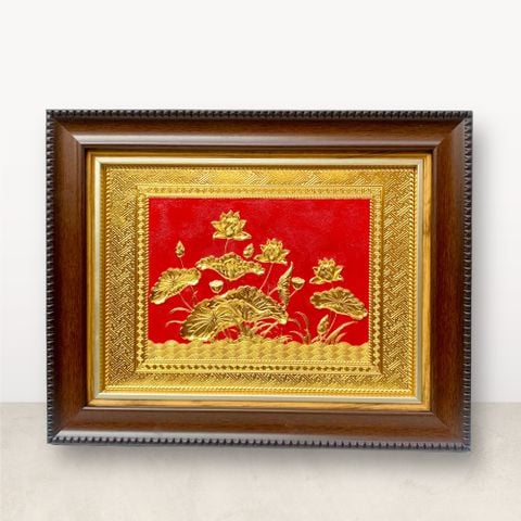 TRANH ĐỒNG HOA SEN, DÁT VÀNG (Kích thước 28cm x 34cm)