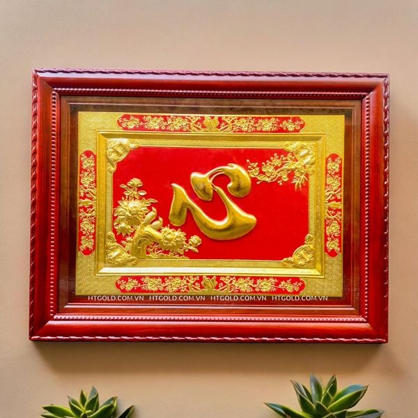 TRANH CHỮ TÂM BẰNG ĐỒNG DÁT VÀNG (8cm x 107cm)