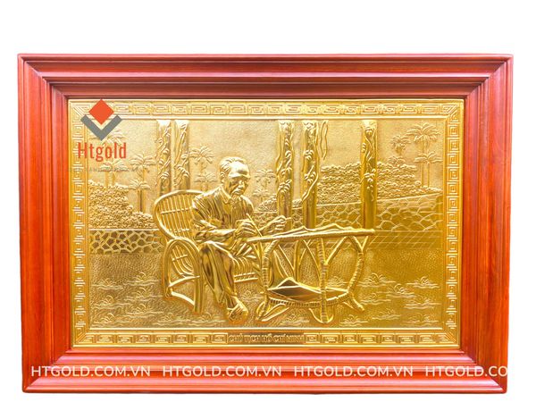 TRANH ĐỒNG BÁC HỒ NGỒI GHẾ MÂY MẠ VÀNG 24K (Kích thước 61 x 88cm).