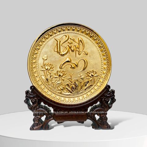 QUÀ TẶNG TRANH ĐĨA  ĐỒNG CHỮ BÌNH AN, MẠ VÀNG 24K (Đk 19cm)