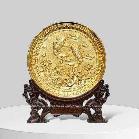 TRANH CÁ CHÉP VÀ HOA SEN BẰNG ĐỒNG, MẠ VÀNG 24k (Đk 19cm)
