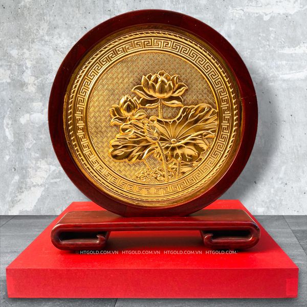 TRANH ĐỒNG HOA SEN LOẠI 2 MẶT, MẠ VÀNG 24K (Cao 25cm; ngang 22cm)
