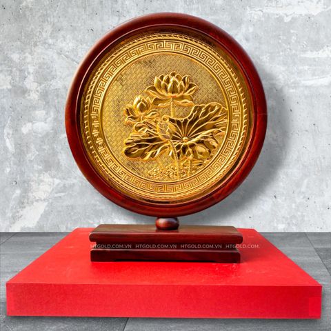 TRANH ĐỒNG HOA SEN LOẠI 2 MẶT, MẠ VÀNG 24K (Cao 26cm; ngang 22cm)