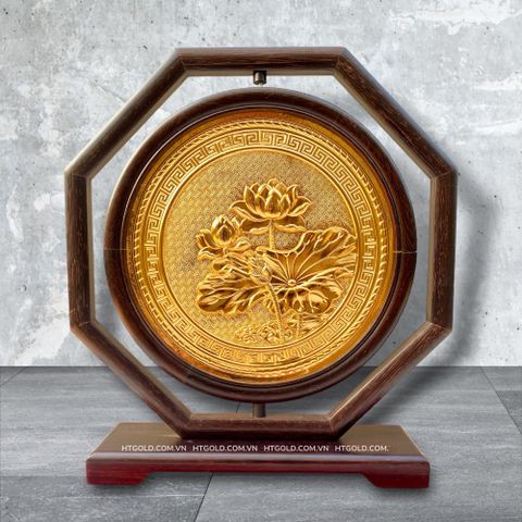 TRANH ĐỒNG HOA SEN LOẠI 2 MẶT, MẠ VÀNG 24K, KHUNG BÁT GIÁC (Cao 30cm; ngang 27cm)