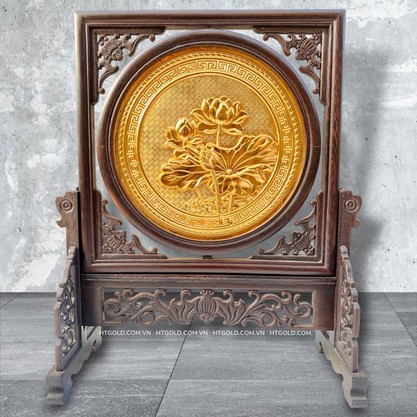 TRANH ĐỒNG HOA SEN - 2 MẶT, MẠ VÀNG 24K  (Cao 44cm; ngang 35cm)