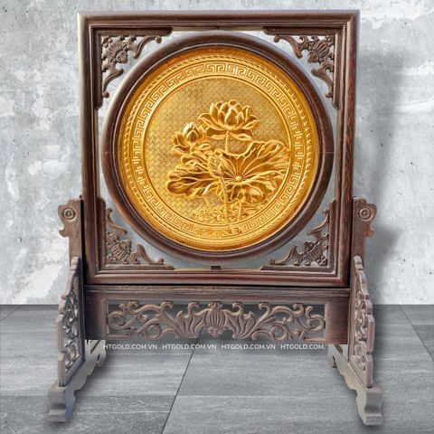 TRANH ĐỒNG HOA SEN - 2 MẶT, MẠ VÀNG 24K  (Cao 44cm; ngang 35cm)