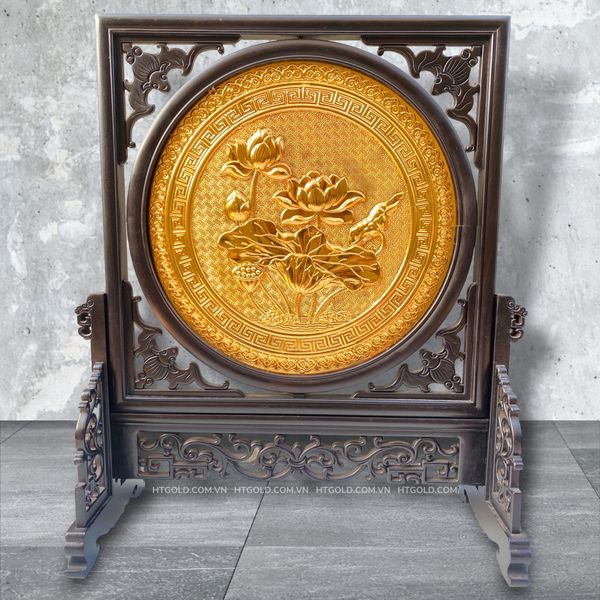 TRANH ĐỒNG HOA SEN LOẠI 2 MẶT, MẠ VÀNG 24K  (Cao 48cm; ngang 44cm)