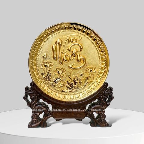 TRANH ĐĨA ĐỒNG CHỮ NHẪN, MẠ VÀNG 24K (Đk 19cm)