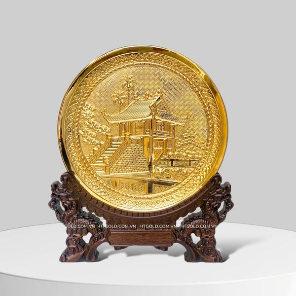 QUÀ TẶNG TRANH ĐĨA ĐỒNG CHÙA MỘT CỘT, MẠ VÀNG 24K (Đk 19cm)