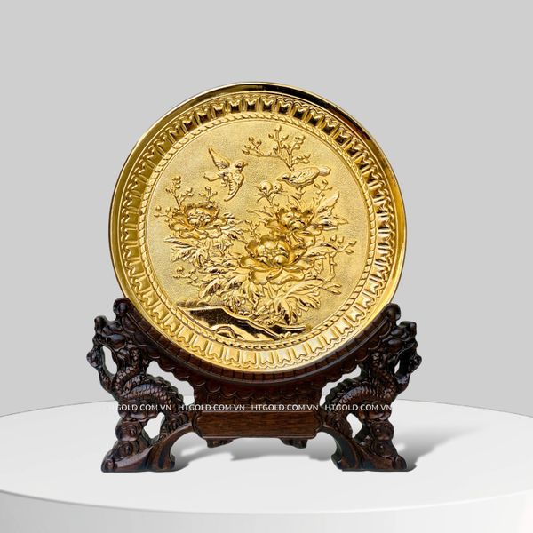 TRANH ĐĨA ĐỒNG - HOA MẪU ĐƠN, MẠ VÀNG 24K (Đk 19cm)