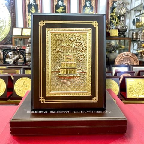 TRANH ĐỒNG THÁP RÙA HỒ GƯƠM DÁT VÀNG (Kích thước 17cm X 22cm: Phủ bì 20 x 25cm))