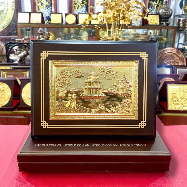 TRANH ĐỒNG THÁP RÙA HỒ GƯƠM DÁT VÀNG (Kích thước 17cm X 22cm: Phủ bì 20 x 25cm)