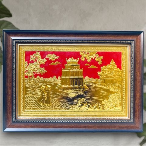 TRANH ĐỒNG THÁP RÙA HỒ GƯƠM BẰNG ĐỒNG DÁT VÀNG (40cm * 55cm)