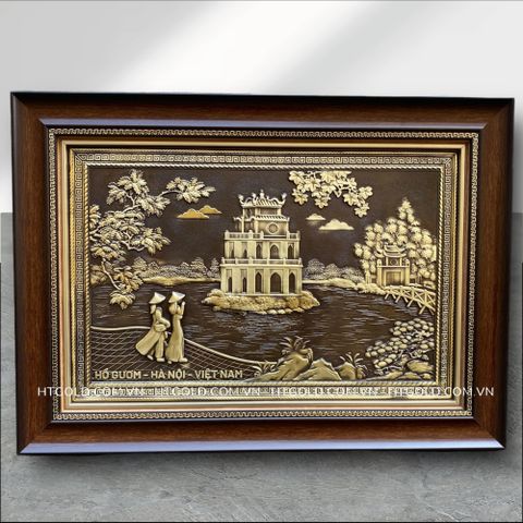 TRANH THÁP RÙA HỒ GƯƠM BẰNG ĐỒNG, GIẢ CỔ (40cm * 55cm)