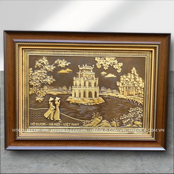 TRANH THÁP RÙA HỒ GƯƠM BẰNG ĐỒNG, GIẢ CỔ (50cm * 70cm)