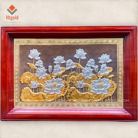 TRANH ĐỒNg HOA SEN, DÁT BẠC (Kích thước 61cm x 68cm.