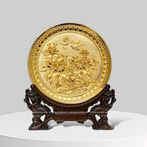 TRANH ĐĨA ĐỒNG - HOA MẪU ĐƠN, MẠ VÀNG 24K (Đk 19cm)