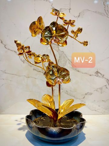 CHẬU LAN HỒ ĐIỆP BẰNG ĐỒNG MẠ VÀNG 24K, CAO 42cm (2 CÀNH)