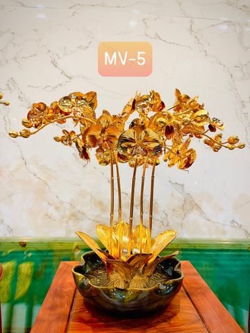CHẬU LAN HỒ ĐIỆP BẰNG ĐỒNG MẠ VÀNG 24K, CAO 42cm (5 CÀNH)