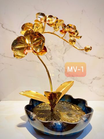 CHẬU LAN HỒ ĐIỆP BẰNG ĐỒNG MẠ VÀNG 24K, CAO 40cm (1 CÀNH)