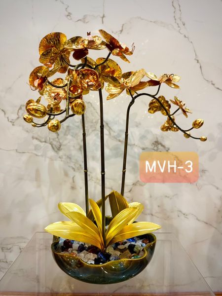 CHẬU LAN PHÚ QUÝ BẰNG ĐỒNG, MẠ VÀNG HOA (3 CÀNH GIẢ CỔ)