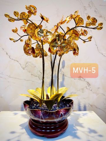 CHẬU LAN PHÚ QUÝ BẰNG ĐỒNG, MẠ VÀNG HOA  (5 CÀNH GIẢ CỔ)