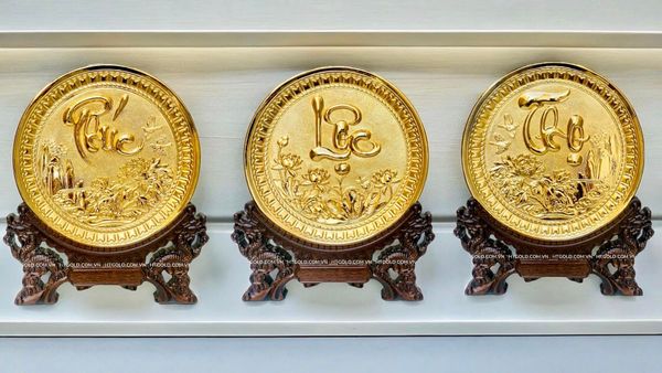 BỘ TRANH ĐĨA ĐỒNG CHỮ PHÚC LỘC THỌ, MẠ VÀNG 24K (Đk 19cm)