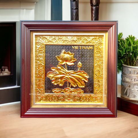 TRANH HOA SEN BẰNG ĐỒNG, DÁT VÀNG (26cm*26cm)