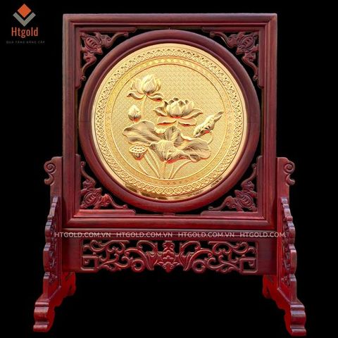 TRANH ĐỒNG HOA SEN - 2 MẶT, MẠ VÀNG 24K , KHUNG GỖ CẨM (Cao 35cm; ngang 29)