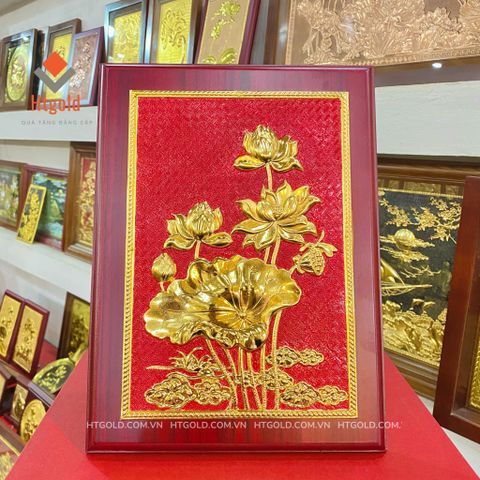 QUÀ TẶNG TRANH ĐỒNG HOA SEN, MẠ VÀNG 24K (Kích thước 32cm x 23cm)