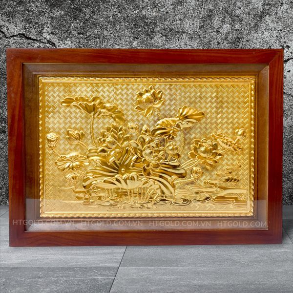 TRANH ĐỒNG HOA SEN, DÁT VÀNG (Kích thước 38cm x 54cm)