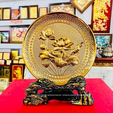 TRANH ĐĨA ĐỒNG HOA SEN, MẠ VÀNG 24K (đường kính 19cm)