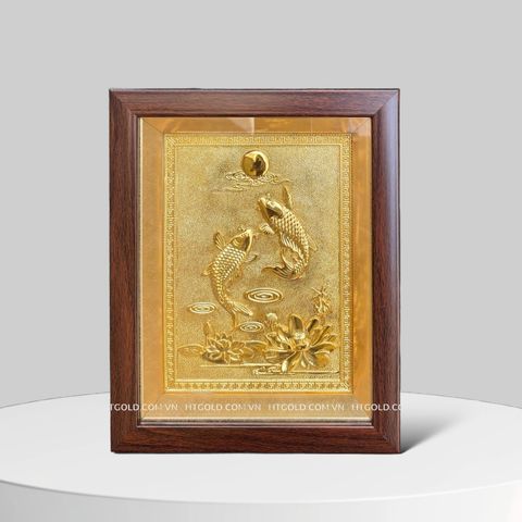 TRANH SONG NGƯ CÁT HẠNH DÁT VÀNG - CÁ CHÉP HOA SEN (20 x 25cm)