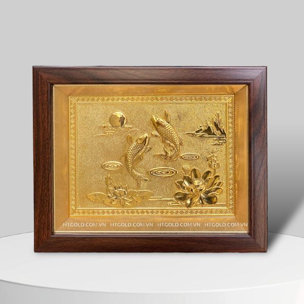 TRANH CÁ CHÉP HOA SEN DÁT VÀNG - SONG NGƯ CÁT HẠNH (20 x 25cm)