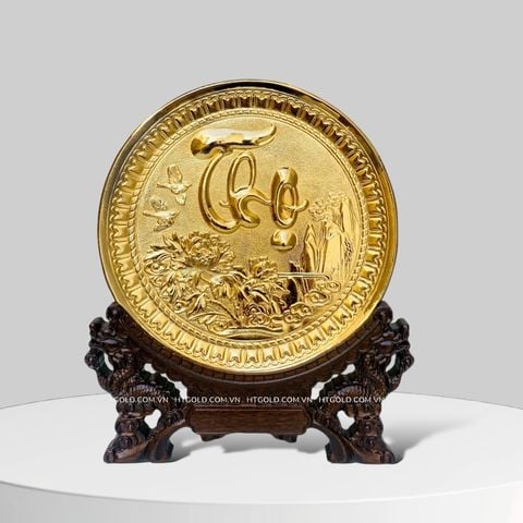 TRANH ĐĨA ĐỒNG CHỮ THỌ MẠ VÀNG 24k (Đk 19cm)