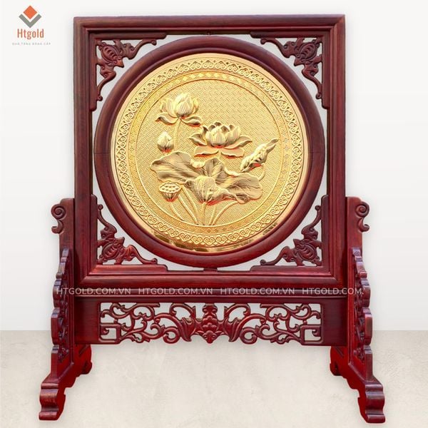 TRANH ĐỒNG HOA SEN - 2 MẶT, MẠ VÀNG 24K , KHUNG GỖ CẨM (Cao 35cm; ngang 29)