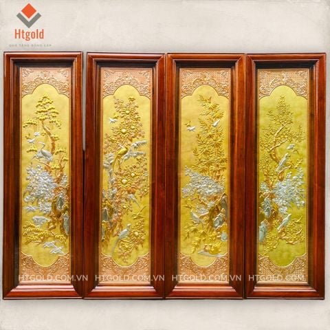 TRANH ĐỒNG TỨ QUÝ, DÁT VÀNG BẠC (kích thước 1m27x 41cm)