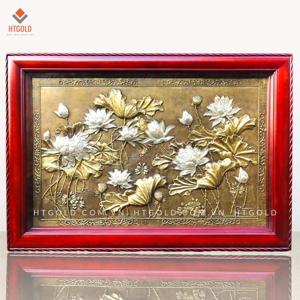 TRANH HOA SEN BẰNG ĐỒNG, DÁT ĐIỂM  BẠC (Kích thước 1m07 x 1m55)